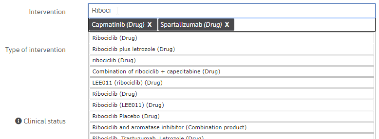Search options for “intervention type” and “drug name” 