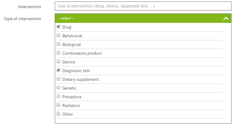 Search options for “intervention type” and “drug name” 2